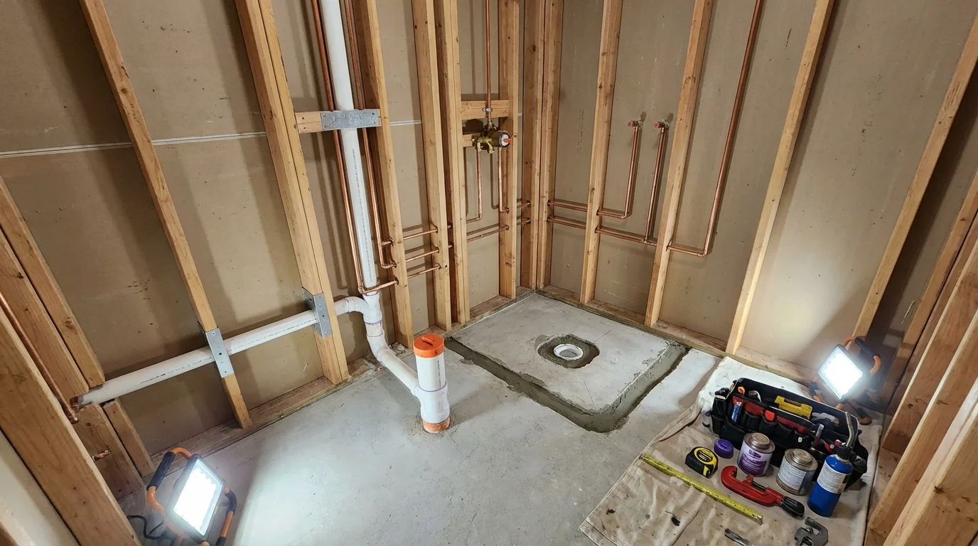 Bathroom rough-in plumbing during remodel by Johns Plumbing LLC in Bottineau