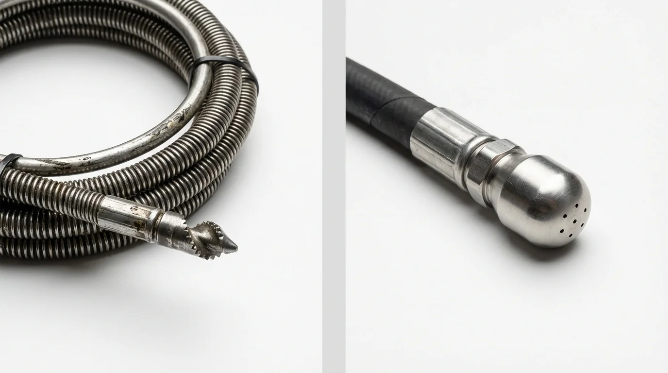 Drain snake cable and hydro jetting nozzle used for drain cleaning in Bottineau, ND