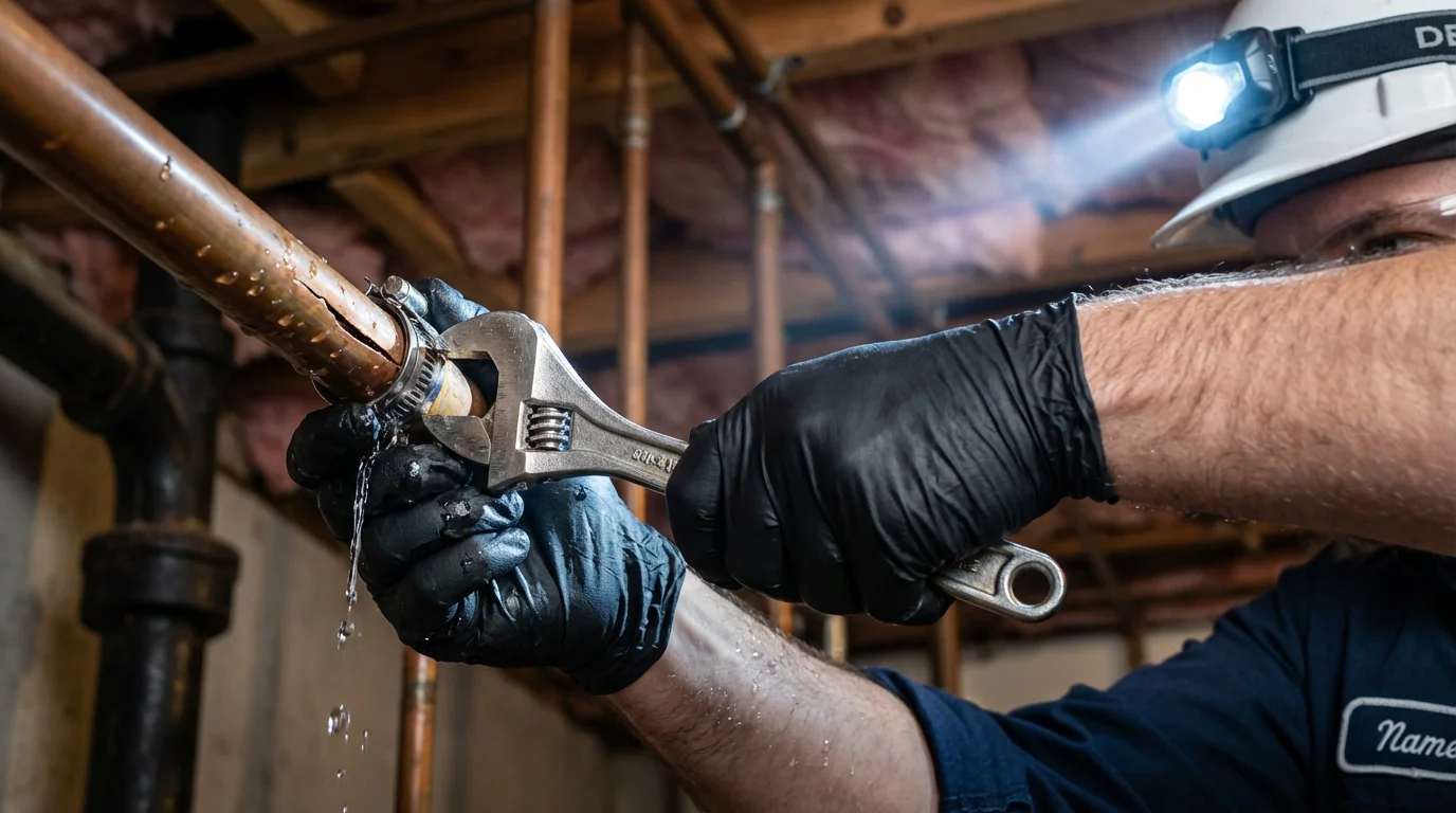 Emergency pipe clamp repair being performed by a Johns Plumbing LLC plumber in Bottineau