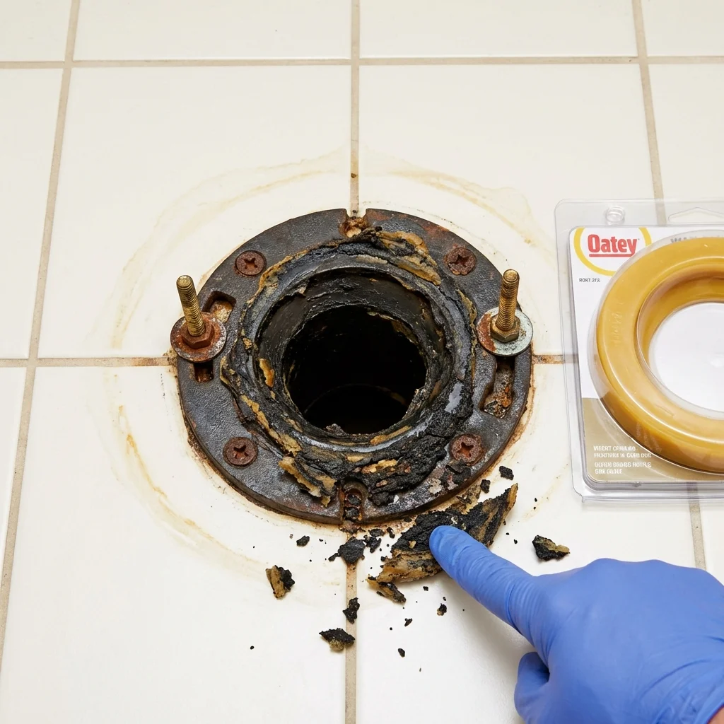 Failed wax ring showing water seepage at the base of a toilet in a Bottineau, ND home
