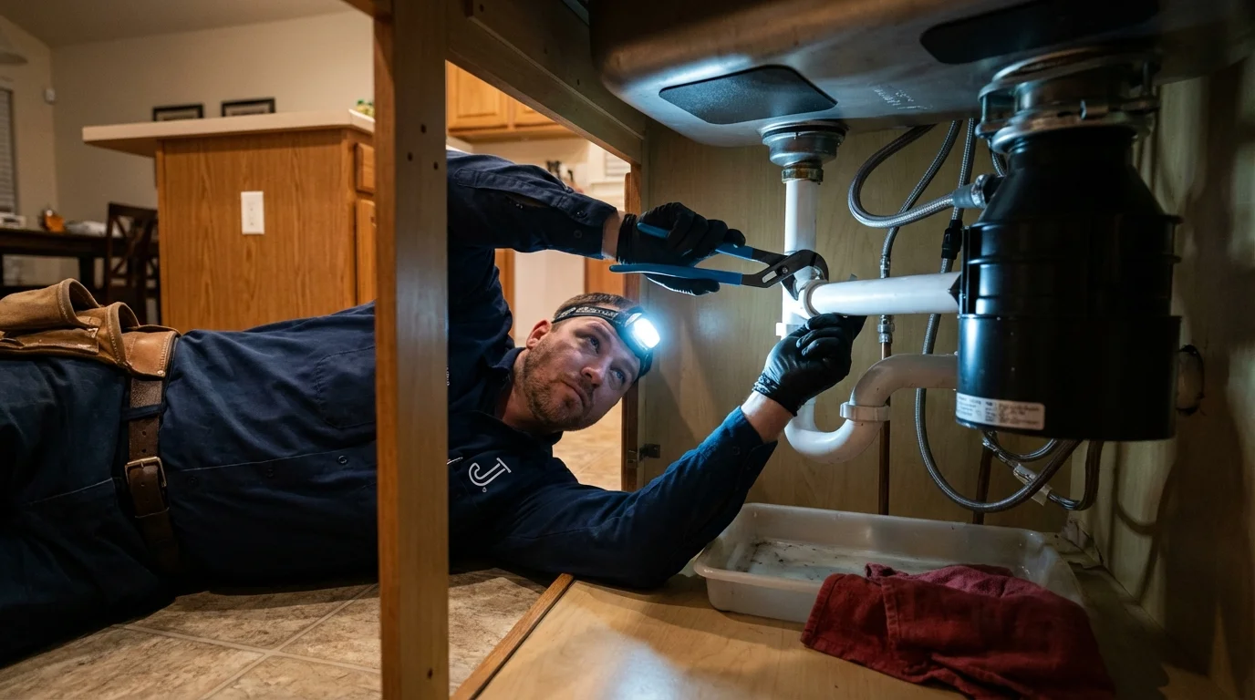 P-trap and supply line connections under a kitchen sink showing a common leak point in Bottineau, ND